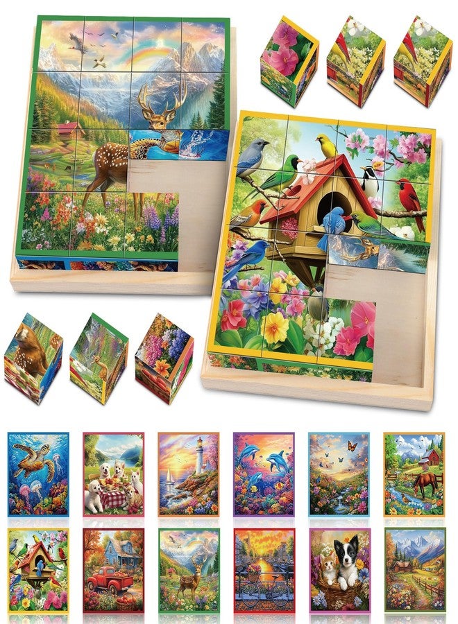 Seenelling 16 Patterns Blocks Cube Tile Matching Dementia Activities for Seniors 2 Sets Wooden Large Piece 3D Puzzles Box for Elderly Alzheimers Easy Memory Games for Dementia - Image 1